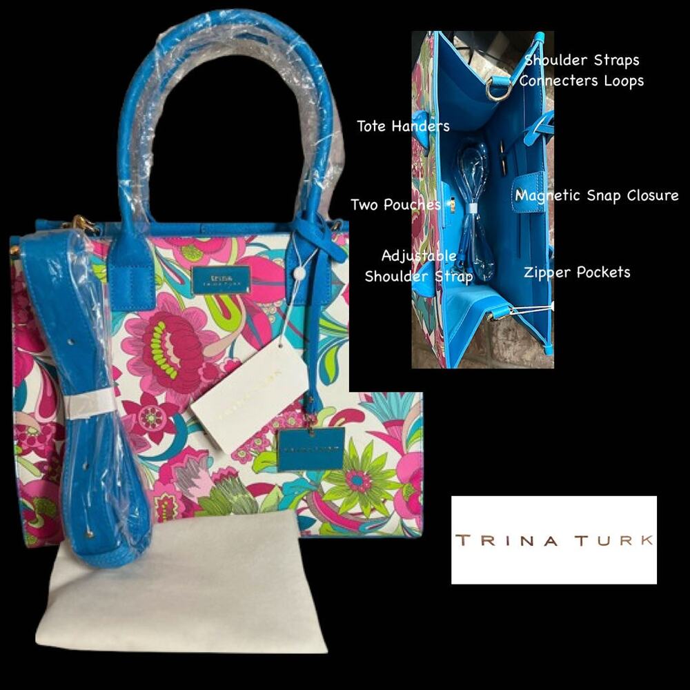 Trina Turk Large Floral Cloud Satchel Magnetic Snap Closure Blue Pinks Print